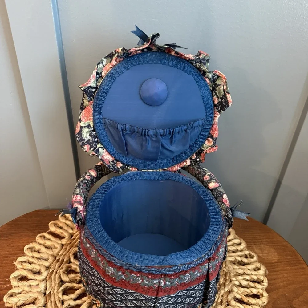 Vintage Floral Padded Sewing Box Basket Hinged Handle Round Blue Lined Grandma